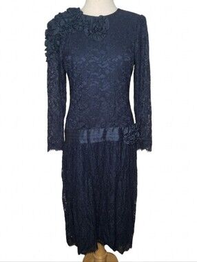 Vintage Jessica McClintock Navy Blue Lace Drop Waist Dress Size 12